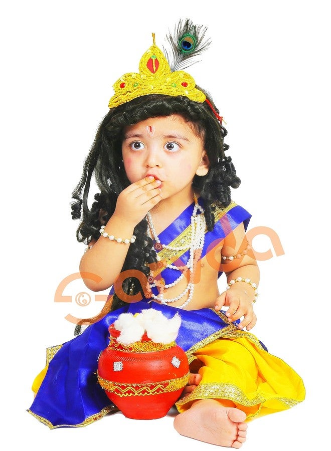 Sarvda Brocade Shree Krishna Dress For Baby Boy & Radha Dress For Girls | Janamashtami Dress | Fancy Dress Costume With Accessories Dhoti, Dupatta, Mukut Flute Complete Set, Ethnic Wear - Image 3
